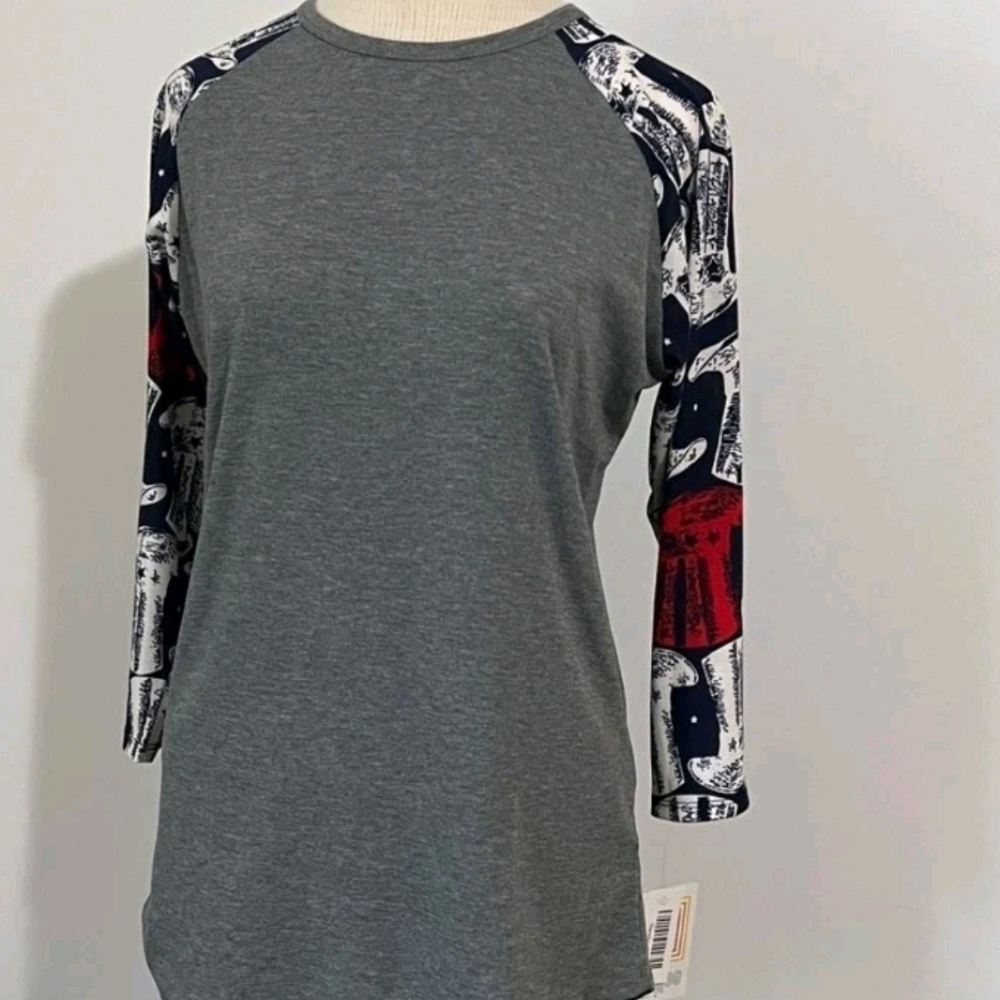 LuLaRoe Gray Randy Top with Red and Blue Patterned Sleeves NWT Sz S